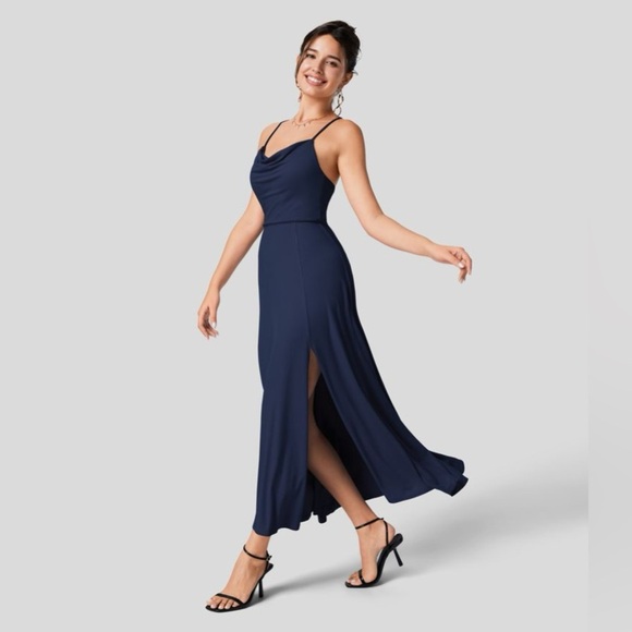 HALARA navy blue sleeveless lace up back midi dress with slit - Picture 1 of 10
